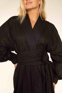 Black Abatha robe, focusing on lapel and waist belt.