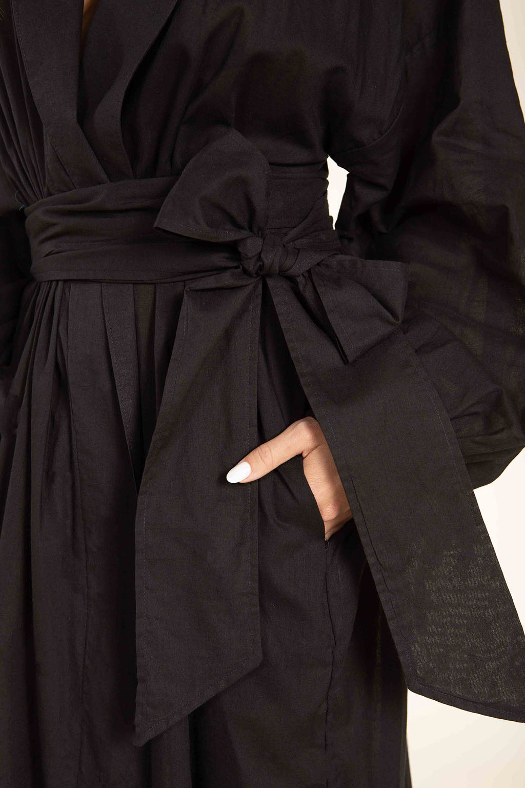 Black Abatha robe, focusing on waist belt