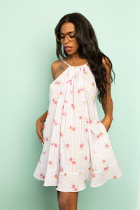 Floral nightdress with gathered neckline and ruffle hem. 